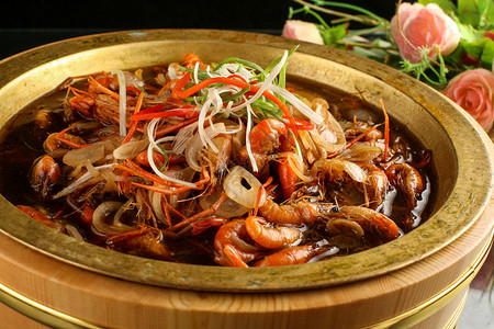 美食铁盆河虾汤汁高清图片素材