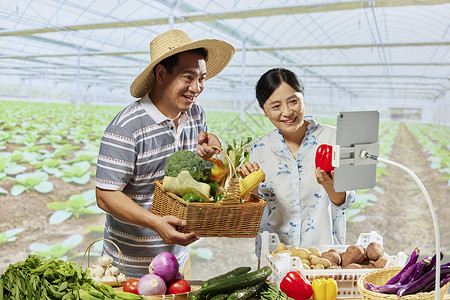 食品电商首页菜农夫妻网络直播售卖蔬菜背景