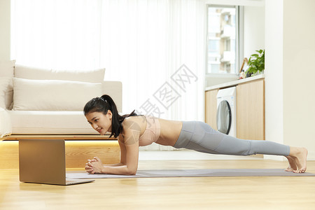 瑜伽平板撑插画年轻美女平板支撑锻炼背景