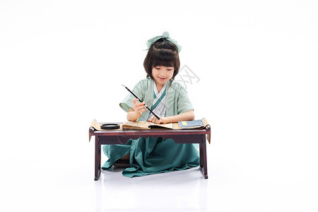 国学手写毛笔字国学小女孩课堂上学习书法毛笔字背景