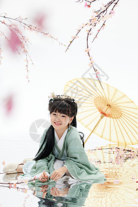 中国风桃花边框桃花树下的汉服小女孩形象背景