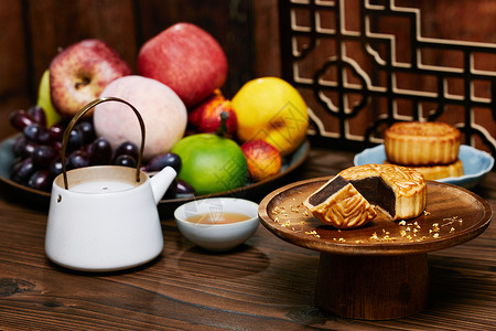 中秋水果中国传统中秋节月饼背景