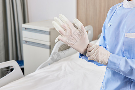 病房护士戴手套特写图片