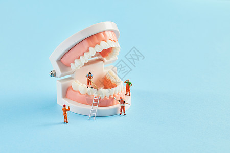 牙齿修护创意小人牙齿口腔修护概念背景