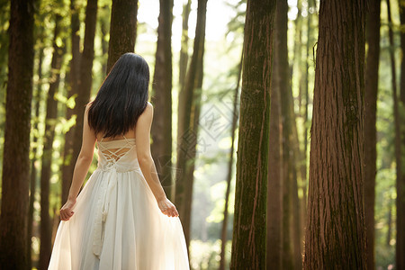 树林里穿白色长裙的女性背影高清图片