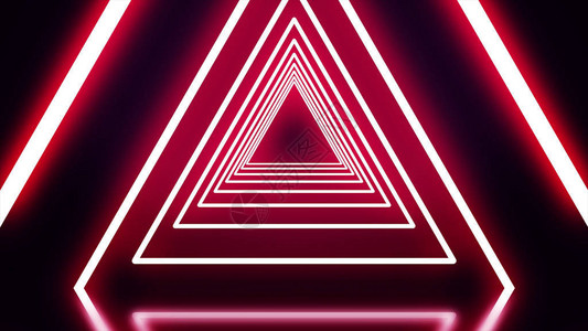 佳能单反相机黑色背景上的红色霓虹灯三角形隧道抽象的霓虹三角形一设计图片