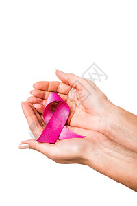 手拿着粉红色丝带宣传关注癌症乳腺癌背景图片