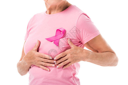 戴着粉红色丝带宣传关注乳腺癌背景图片