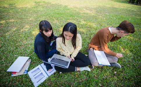 一群亚洲大学生坐在绿草上一起在公园图片