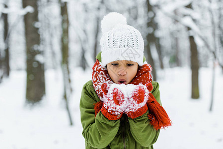 美国儿童在冬季森林中吹雪幼童图片