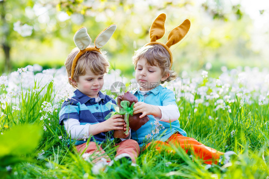 两个小男孩和巧克力兔子一起玩孩子们正在寻找复活节彩蛋并戴着兔子耳朵阳光明媚的日子里图片