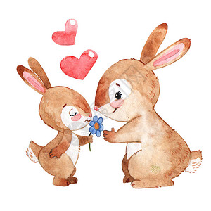 与母亲一起快乐的兔子水彩色卡通画孤立背景图片