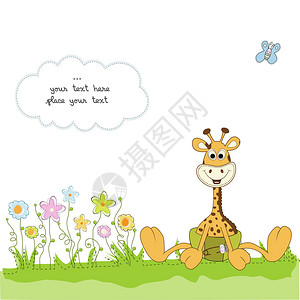 带有婴儿长颈鹿的新婴儿公告卡背景图片