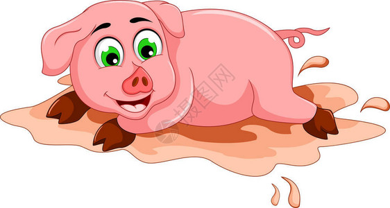 在泥坑里玩耍的搞笑猪卡通插图图片