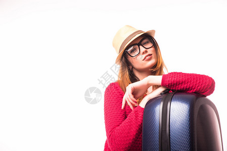 随身携带旅行手提箱的临时妇女孤立图片