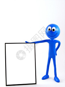一个空白的广告板由一个蓝色的微笑人物在白色背景上举行复制图像上背景图片