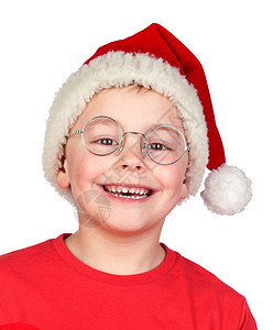 带着圣诞帽子和眼镜的可爱孩子白底孤立图片