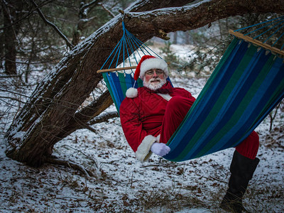 圣诞老人在冬季森林的吊床里休息放松圣诞节图片