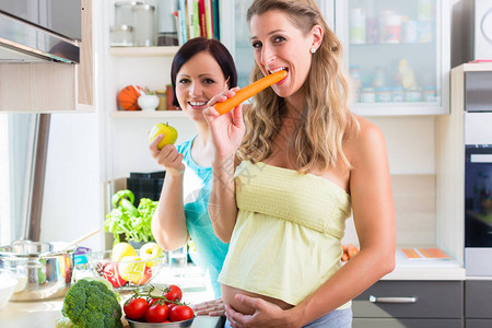 孕妇和女友在家用厨房做健康烹图片