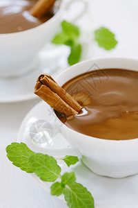 白杯中的热巧克力加肉桂棒和薄荷叶阳光斑高清图片