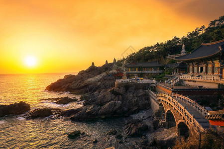 釜山有海景和日落的龙谷寺庙韩国釜山市背景图片