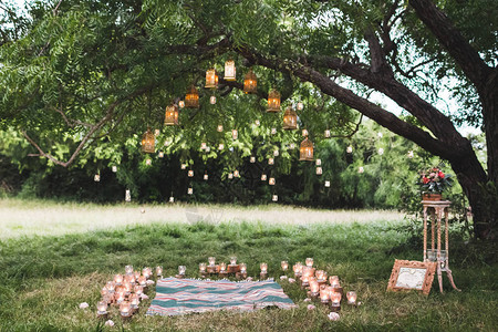 晚婚仪式在大树上布满地毯和许多古老图片