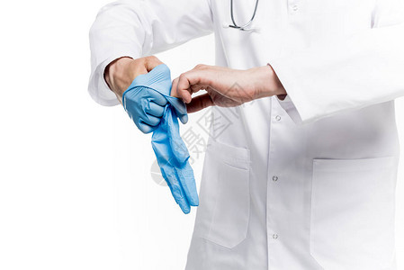 医生戴着医用手套被白色隔离的短片图片