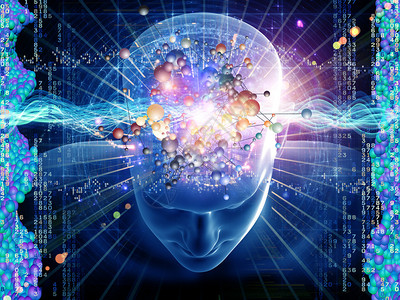 大脑抽像现代科学化学物理学人类和人工头脑主题的人头分子和各种抽设计图片