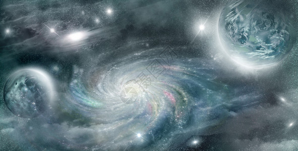 太空中的行星在背景星云和螺旋星系中图片