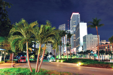 迈阿密市中心的街景在夜图片