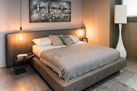 双床和灰色床铺在舒适的室内图片