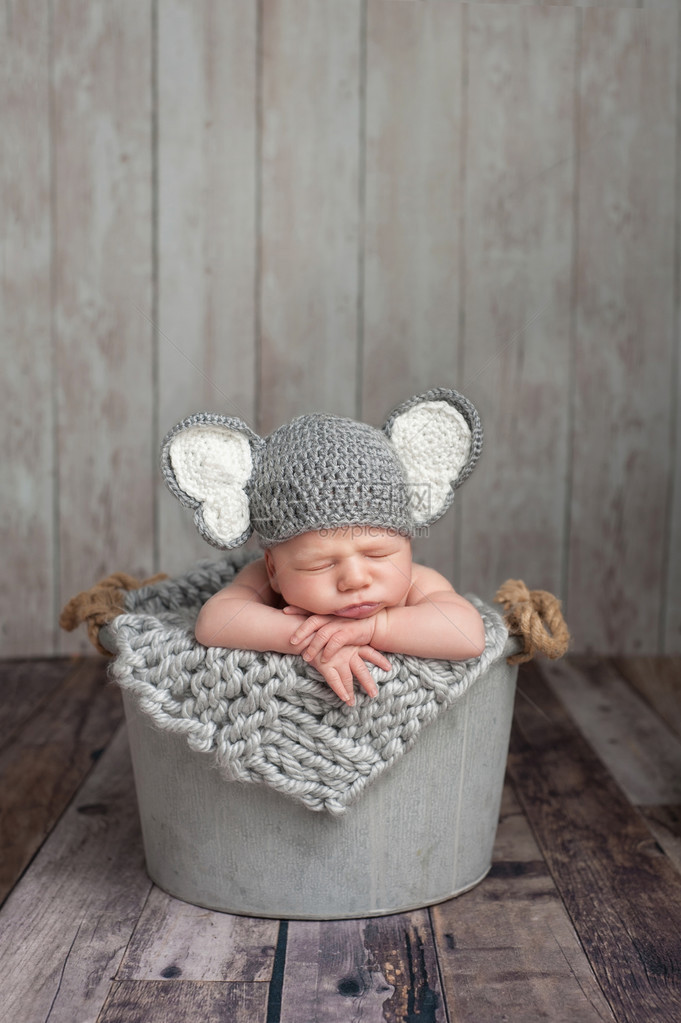 三周前刚出生的男婴戴灰色大象编织帽图片