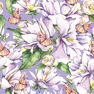 Floral无缝水彩色背景与布洛明茉莉花在古典风格图片