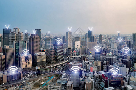 Wifi图标和大阪市与无线网络连接大阪智能城市和无线通信网络抽象图像图片