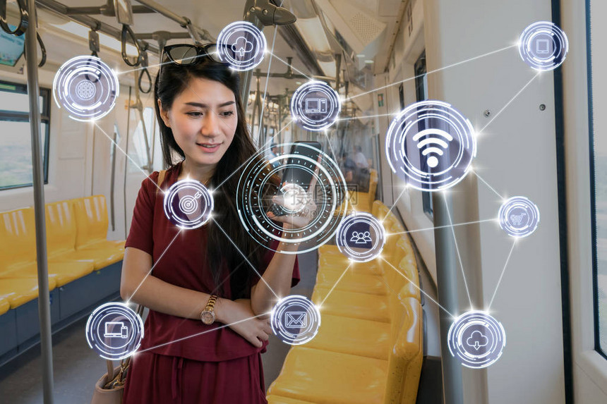 亚洲女乘客套装在BTS轻轨或MRT地铁中使用智能手机无线通信连接智能城市物联网技术图片