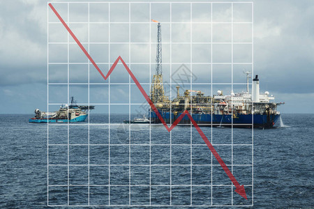 具有向下图形的石油海洋行业市场下跌的概念油价下跌有供应潜水船的FPSO插画