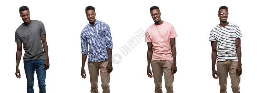 身穿不同服装的非裔美国人面带笑容和自然表情一边看一边图片
