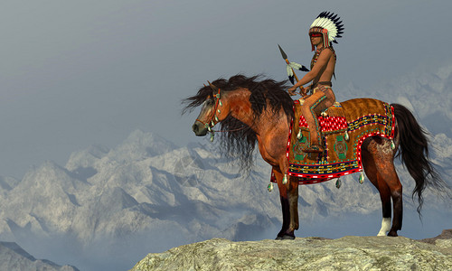一位美国印第安人坐在他的阿帕拉穆萨马上在沙漠高清图片