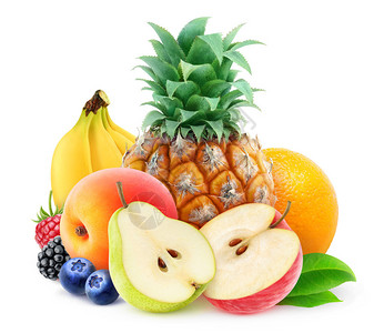 各种新鲜水果排在白色背景上并背景图片