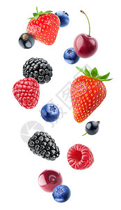 落下的蓝莓黑莓覆盆子草莓黑醋栗和樱桃果实图片