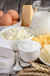 新鲜的乳制品木桌上的牛奶酪布里干酪卡门贝尔奶酪黄油酸奶干酪和鸡蛋图片