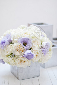 银色花瓶中美丽的白色和蓝色花朵白色背景图片