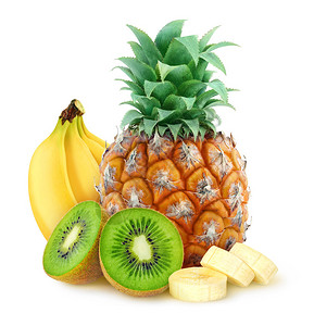 白色背景的热带水果菠萝香蕉kiwi图片