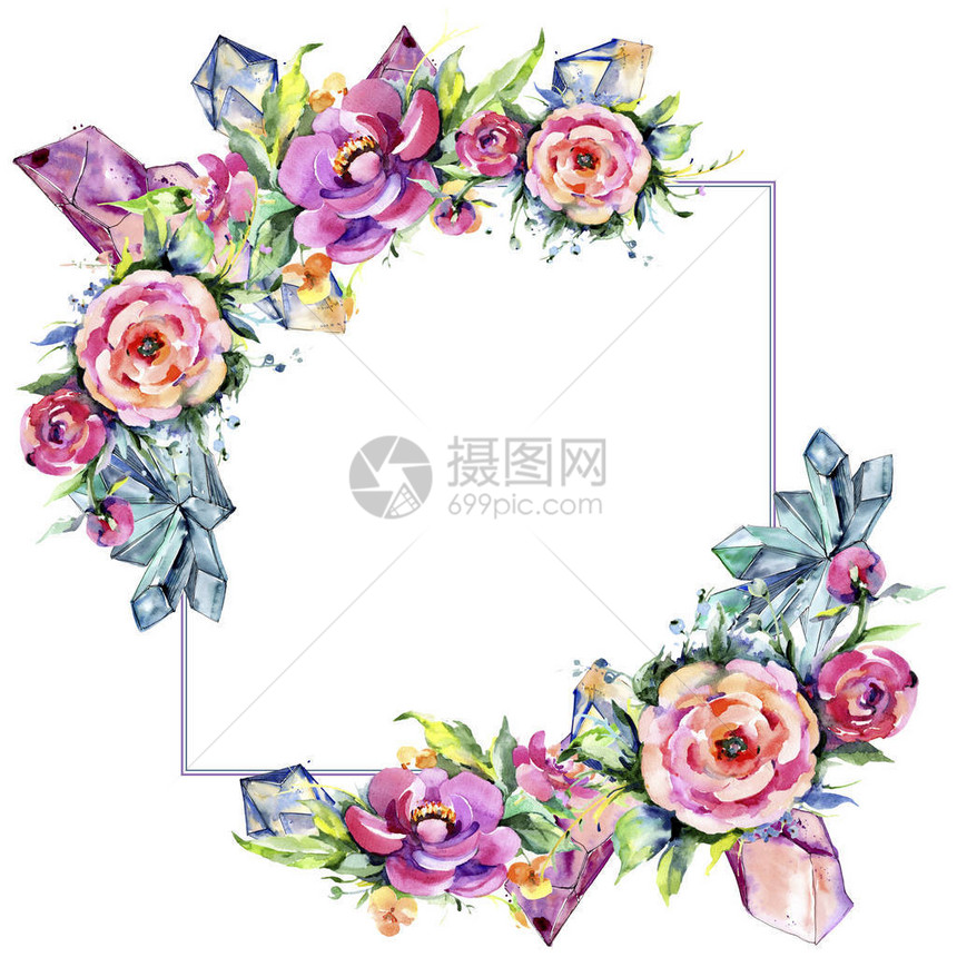 水彩花束粉红色牡丹花卉植物花框架边框装饰广场背景纹理包装图案框架或边框图片