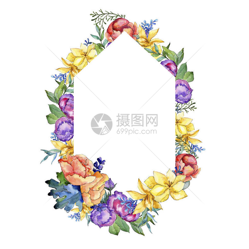 水彩五颜六色的花束卉植物花框架边框装饰广场背景纹理包装图案框架或边框图片