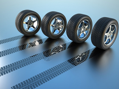 四个车轮制作轮胎轨道的3d渲染插图图片