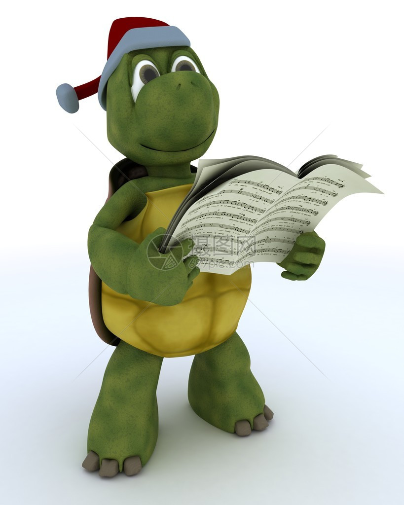 乌龟唱圣诞颂歌的3D渲染图片