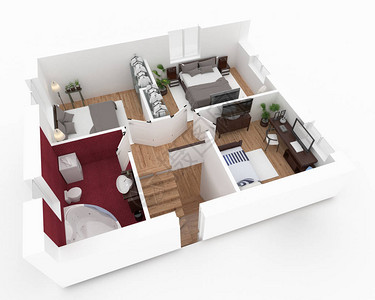 带家具的房子公寓阁楼的3d平面图图片