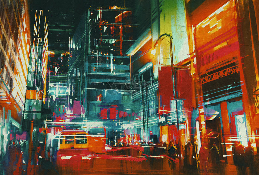 夜晚的城市街道彩灯数码绘画图片