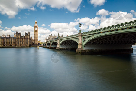 BigBen和伦敦的议会大厦与威斯敏特桥和泰晤士河在地头对着蓝图片